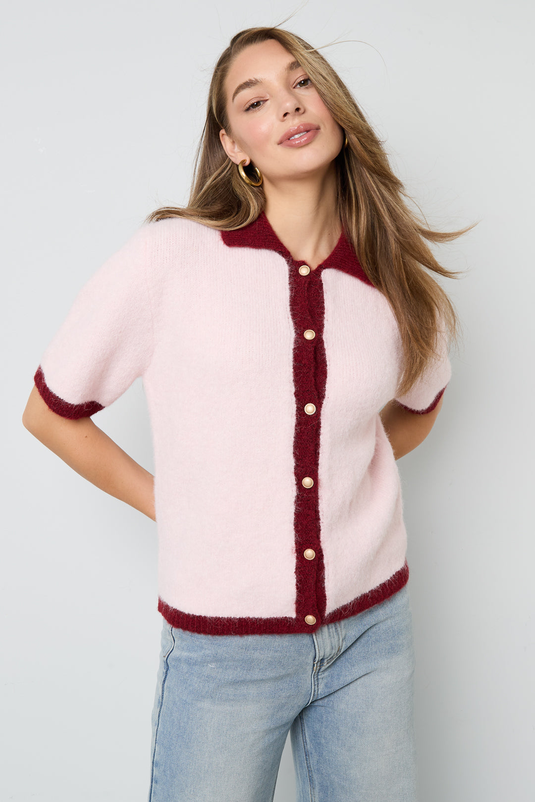 Cardigan in Fibra di Poliestere Intrecciata Donna Stile Casual Contrasto di Colori