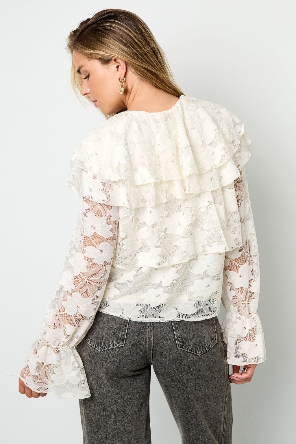 Camicia Donna in Fibra di Poliestere Tessuta Elegante Stampa Fiorita Pannello di Pizzo