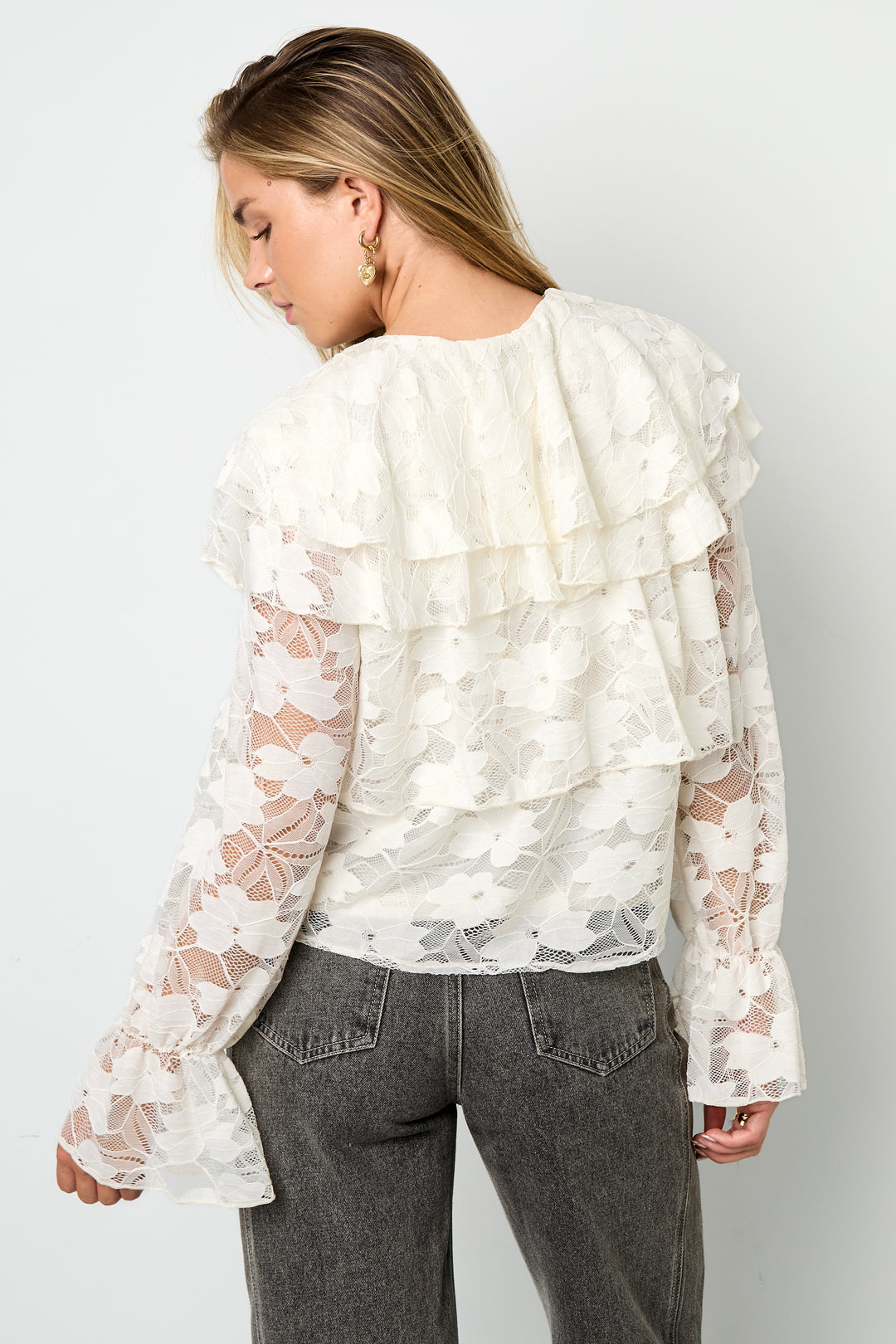 Camicia Donna in Fibra di Poliestere Tessuta Elegante Stampa Fiorita Pannello di Pizzo