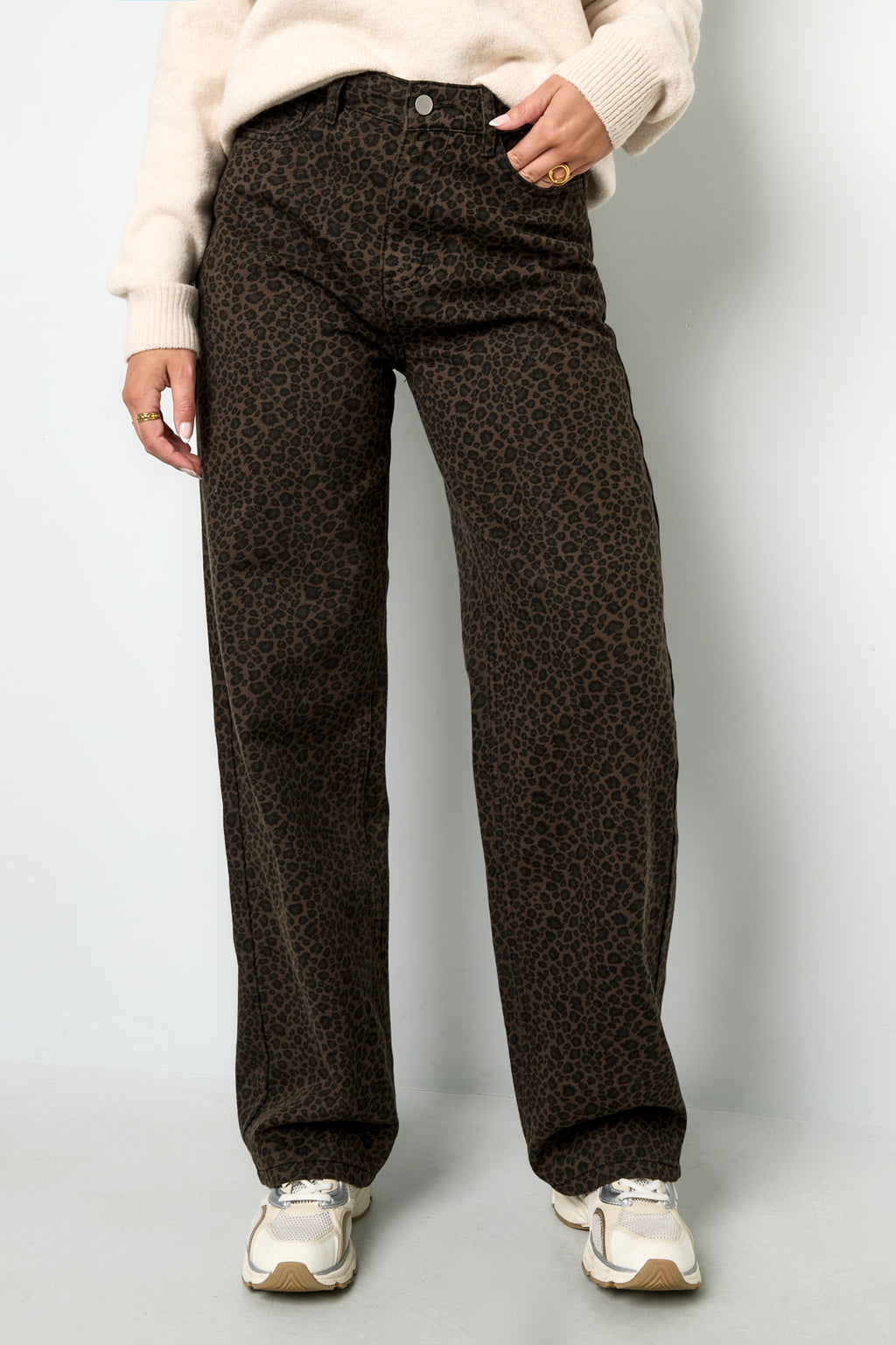 Cotone Tessuto Pantaloni Dritti Donna Stampa Leopardo Autunno/Inverno