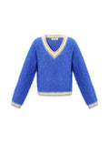 Maglione donna in maglia fibra di poliestere collo a V casual contrasto cromatico