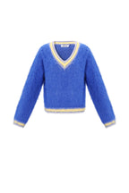 Maglione donna in maglia fibra di poliestere collo a V casual contrasto cromatico