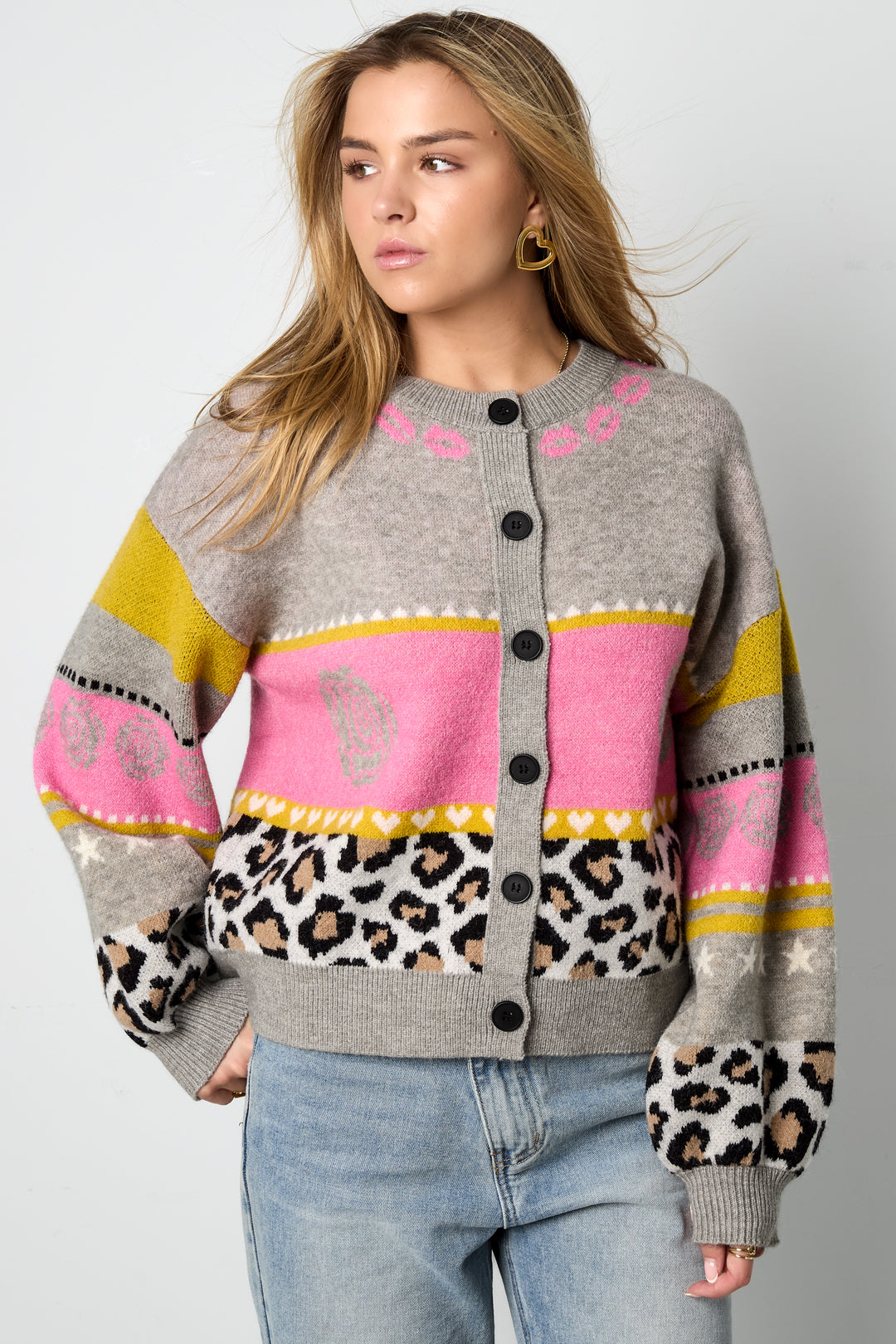 Cardigan Donna in Fibra di Poliestere lavorata a maglia Stile Casual con Stampa Floreale
