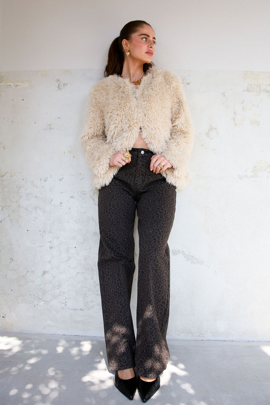 Cotone Tessuto Pantaloni Dritti Donna Stampa Leopardo Autunno/Inverno