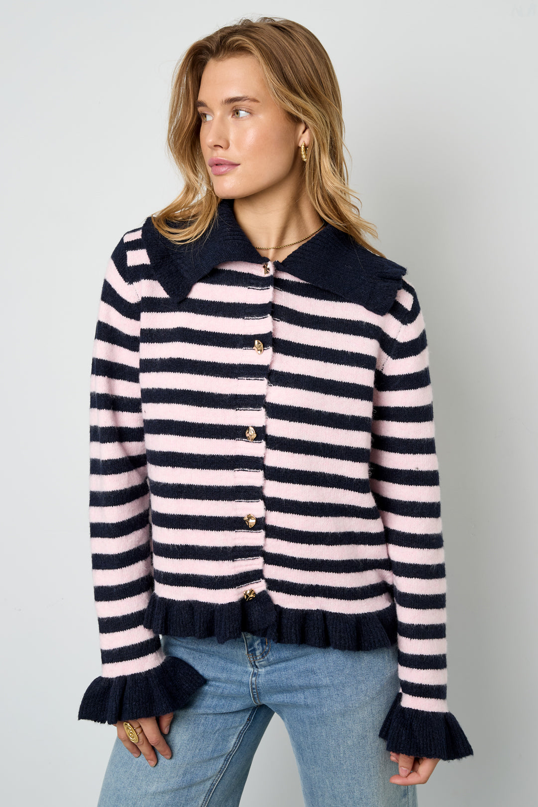 Cardigan Donna in Fibra di Poliestere Maglia Stile Casual a Righe