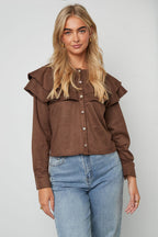 Woven Polyester Fiber Donna Blusa Elegant Ruffle Trim