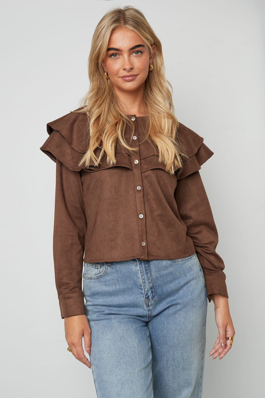 Woven Polyester Fiber Donna Blusa Elegant Ruffle Trim