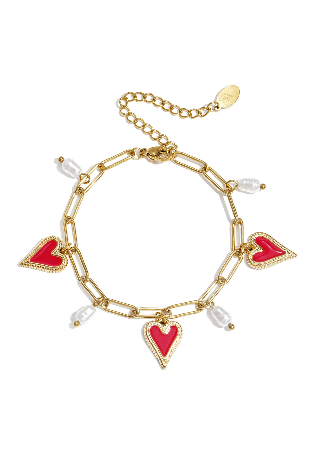Bracciale a maglie con perle e ciondoli a forma di cuore