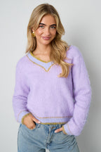 Maglione donna in maglia fibra di poliestere collo a V casual contrasto cromatico