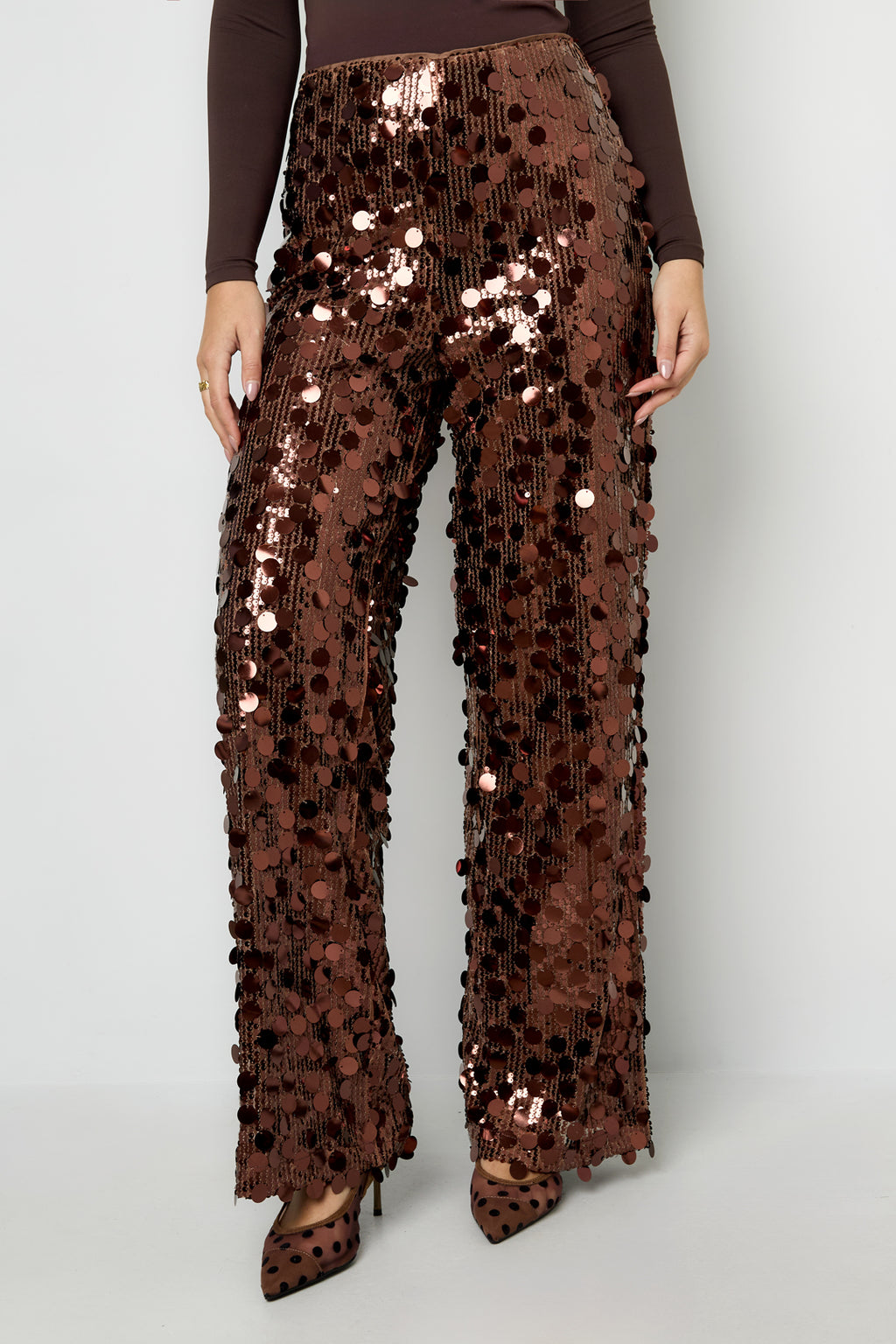 Tessuto Fibra di Poliestere Donna Pantalone Dritto Paillettes Elegante