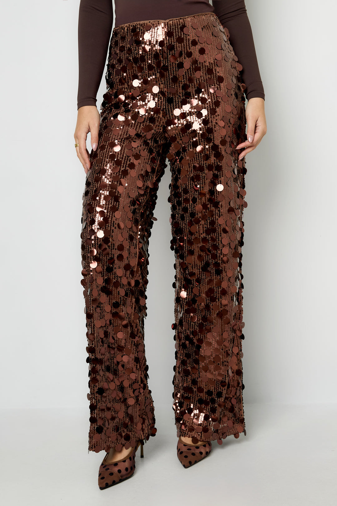 Tessuto Fibra di Poliestere Donna Pantalone Dritto Paillettes Elegante