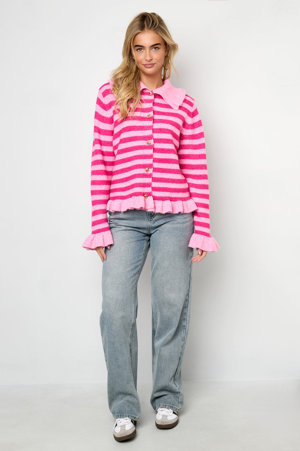 Cardigan Donna in Fibra di Poliestere Maglia Stile Casual a Righe