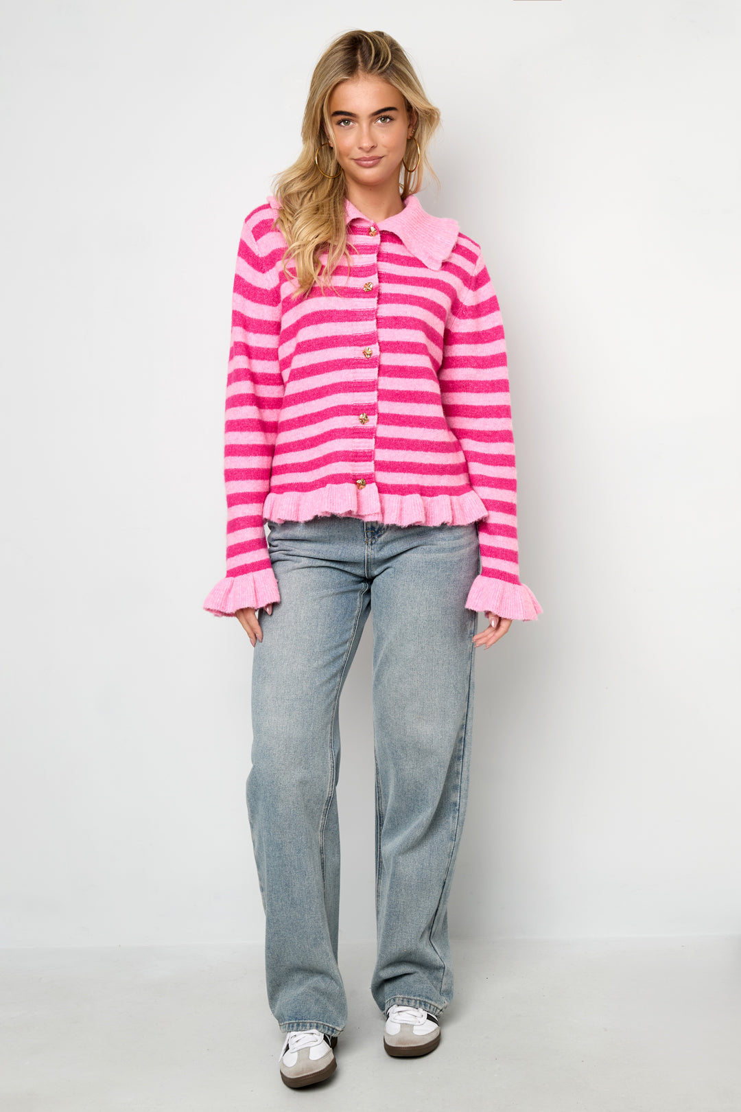 Cardigan Donna in Fibra di Poliestere Maglia Stile Casual a Righe