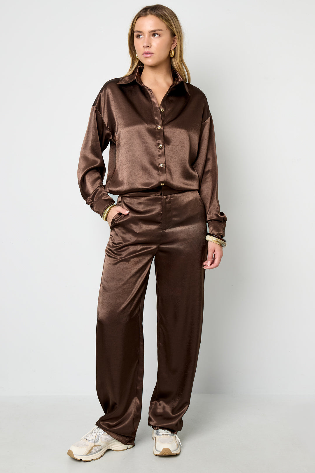 Tessuto Fibra di Poliestere Pantaloni Dritti Donna Stile Casual Colore Puro Autunno/Inverno