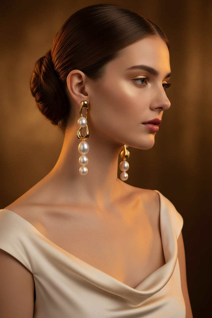 Pearl Gold Earrings on Model